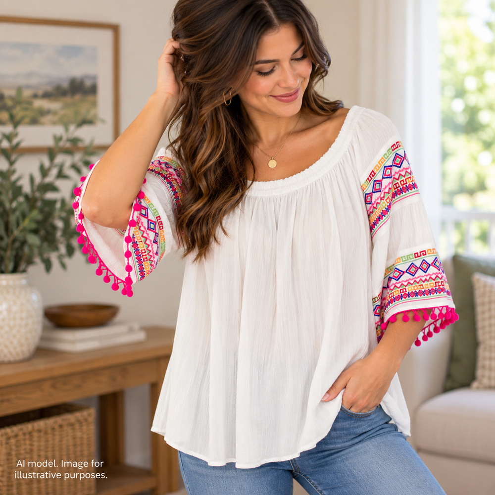 Ali Miles Shirt Women S White Smocked Crinkle Embroidered Pink Pom Pom Fringe